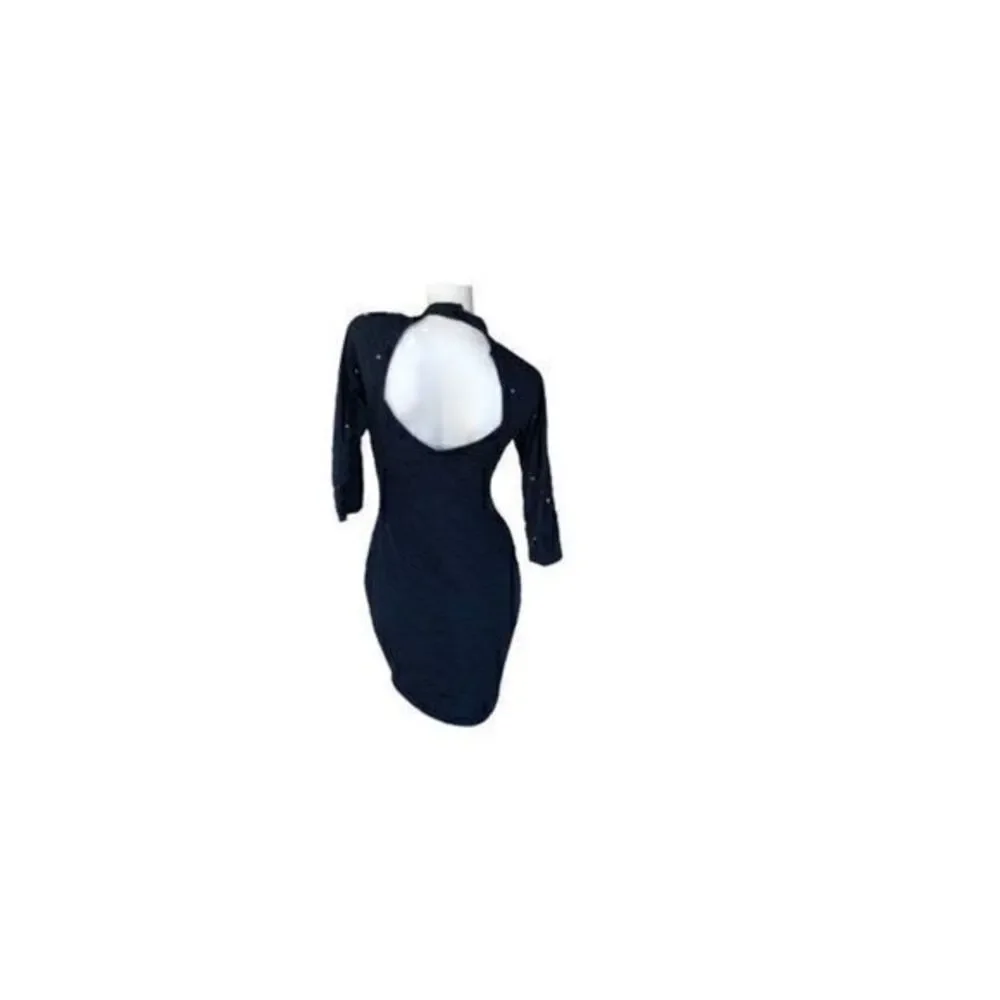 Absolutely! 80s Black Bodycon Mini Dress with Brass Stud Detailing and Choker Ne